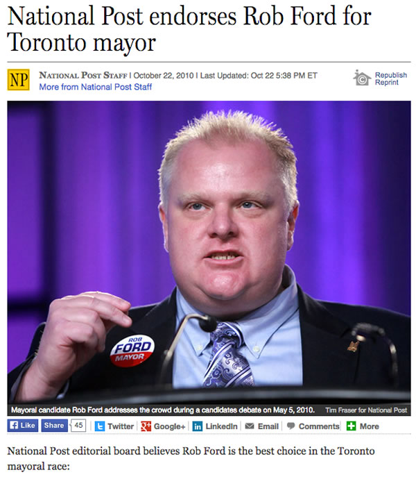 national post endorses rob ford