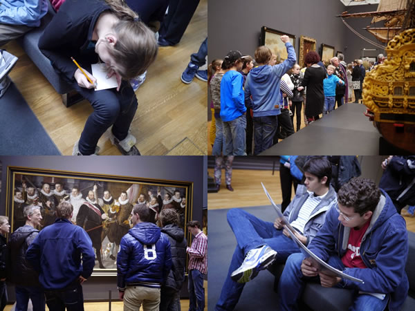 Photo montage: Kids at same museum writing notes, reading field guides, looking at the art