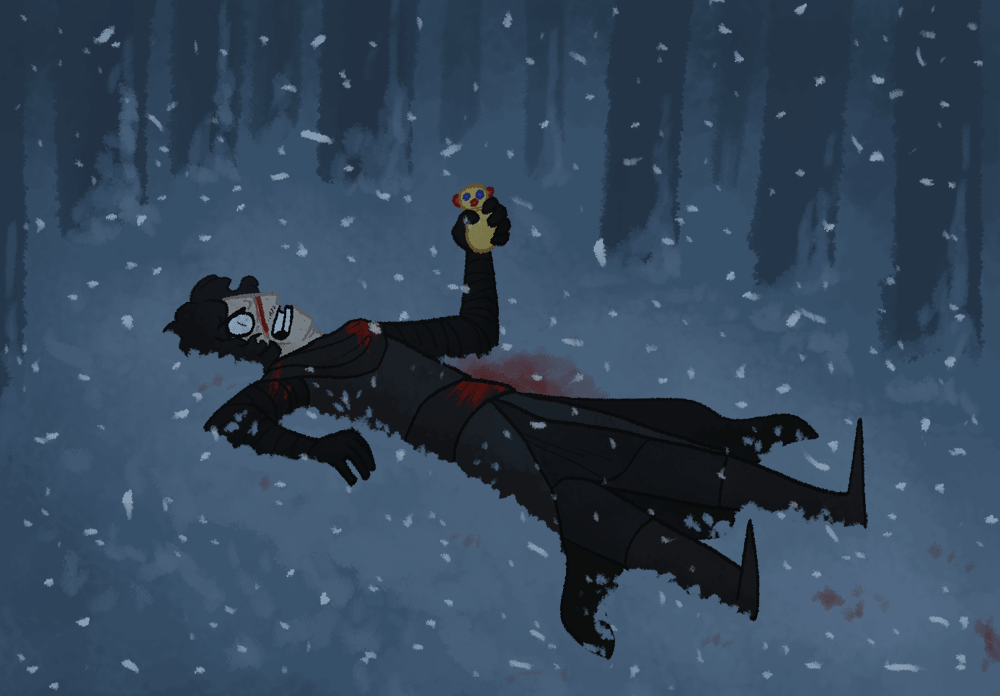 Animated cartoon graphic of Kylo Ren squeezing his stress toy very quickly as he lies bloodied and with his face slashed in the snow.
