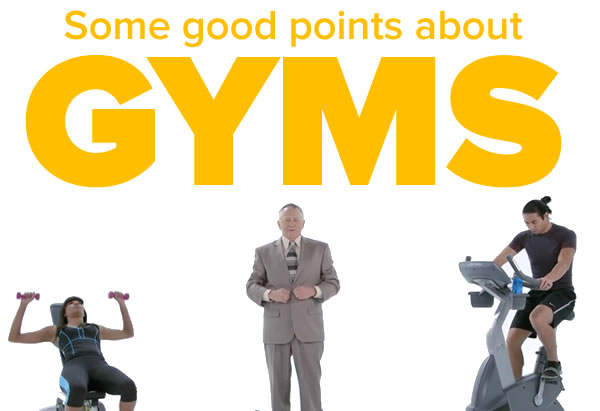 Some good points about gyms: 'Roger' from Cracked.com's 'Honest Ads' flanked by two personal coaches working out.