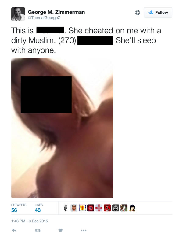 zimmerman ex-gf topless tweet