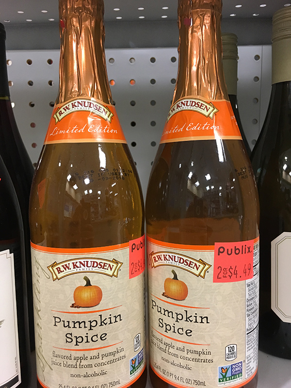 750mL bottles of R.W. Knudsen’s pumpkin spice cider, marked down to 2 for $4.49.
