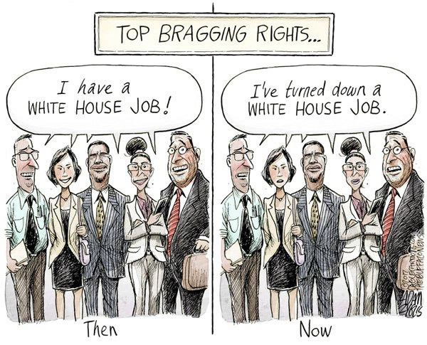 2 panel comic. Panel 1: Group of smiling people saying 'I have a White House job!' Panel 2: Same group of people, looking way less amused, saying 'I've TURNED DOWN a White House job!'