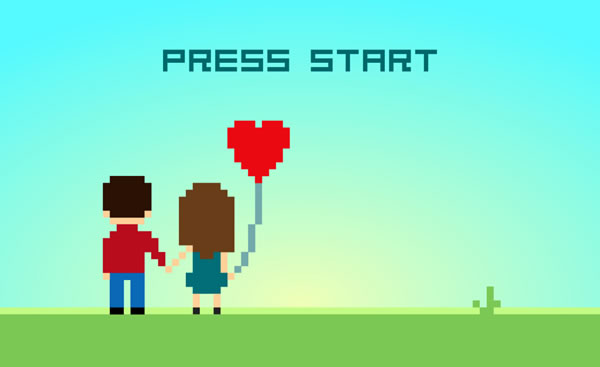 Illustration: Pixelated videogame-style rendition of man and woman holding hands and a heart-shaped balloon, with the title 'PRESS START'.