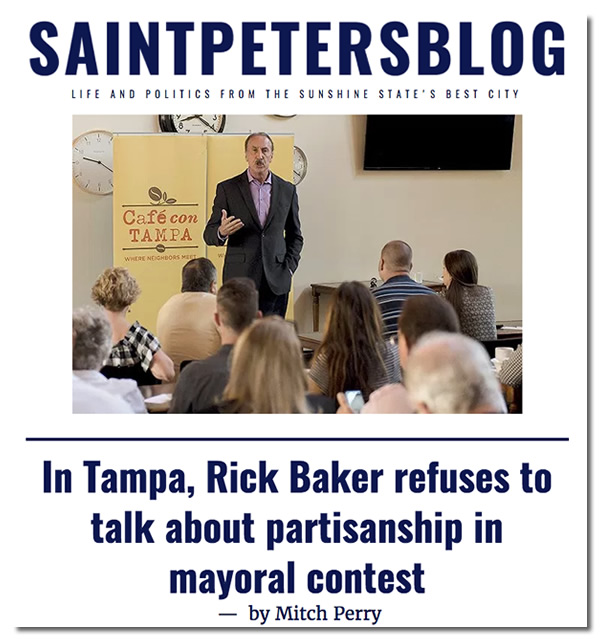 Screenshot of SaintPetersblog article, 'In Tampa, Rick Baker refuses to talk about partisanship in mayoral contest'