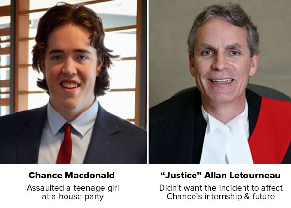 Side-by-side photos - Chance Macdonald: Assaulted a teenage girl at a house party, and 'Justice' Allan Letourneau: Didn't want the incident to affect Chance's internship and future.