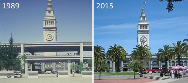 Photo: Embarcadero in 1989 and 2015.
