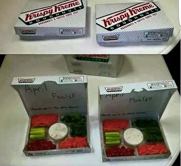 Photo sequence -- 1: Closed boxes of Krispy Kreme donuts. 2: The boxes are opened, to reveal cut vegetables and dip.
