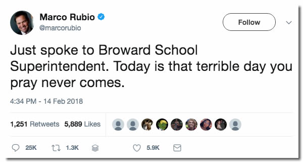 Tweet from Marco Rubio: 'Just spoke to Broward School Superintendent. Today is that terrible day you pray never comes.'