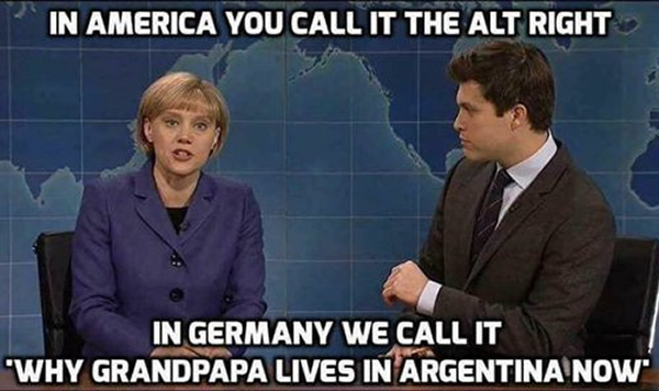 Photo: Scene from 'Weekend Update on Saturday Night Live' with Kate McKinnon playing Angela Merkel: 'In America, you call it the 'alt right'. In Germany, we call it 'Why Grandpapa lives in Argentia now'.'