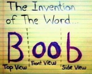 Diagram: invention of the word "Boob", with "B" as "top view", "oo" as front view and "b" as side view.