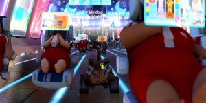 Scene from "Wall-E": Wall-E on a "highway" of fat people from the future on their personal transport chairs