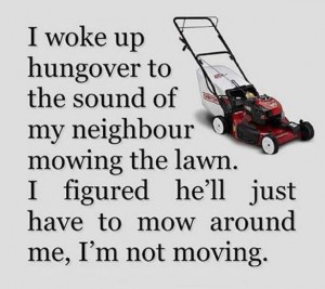Picture of lawnmower with caption: "I woke up hungover to the sound of my neighbour mowing the lawn. I figured he'll just have to mow around me, I'm not moving."