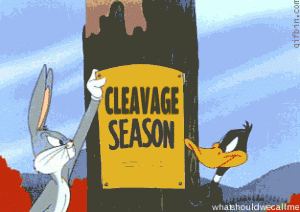 Bug Bunny and Daffy Duck alternately ripping posters off a telephone pole: "Yoga Pants season! Cleavage season!"