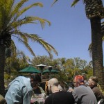 People eating lunch by a pool among palm trees.