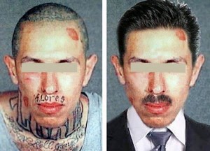 Side-by-side comparison of two mug shots, one with the subject in hoodlum clothing and tattoos showing, the other with the same person in a suit.