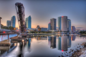 Photo: Cass Street bridge and downtown Tampa reflected in the Hillsborough River.