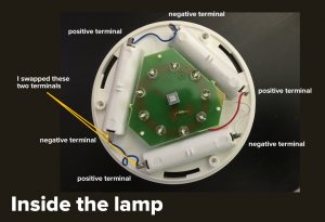 Inside the lamp: The inside of the lamp that Joey repaired, with positive and negative terminals pointed out.