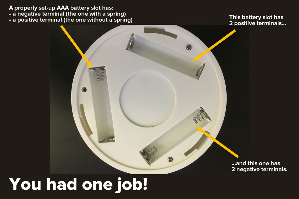 You had one job!: The battery terminals of the lamp before Joey fixed them. One battery receptacle has a positive and negative terminal, another has 2 positive terminals, and another has 2 negative terminals.