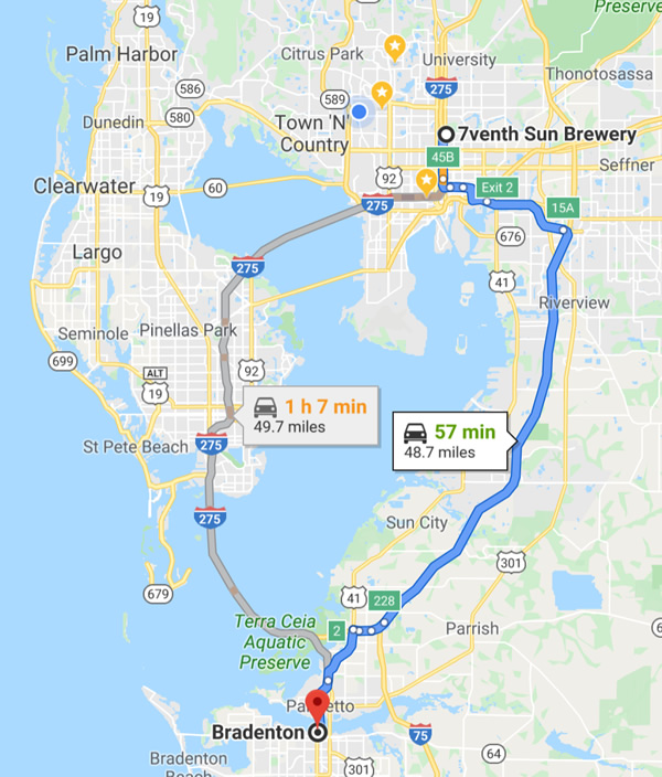 Map: Distance between 7venth Sun Brewery in Tampa and Bradenton, Florida (57 minutes, 48.7 miles)