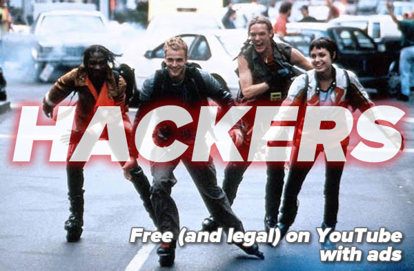 Still from the fim “Hackers” where the titular hackers are rollerblading through the streets of Manhattan