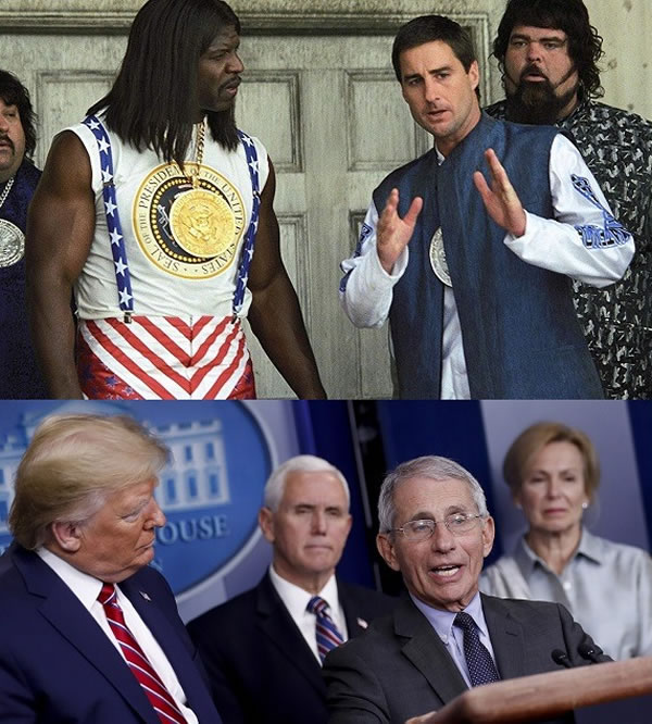 Two photos: 1. Still from “Idiocracy” with Joe Bauers (Luke Wilson) explaining something to President Camacho (Terry Crews). 2. Photo of White House press conference with Dr. Anthony Fauci explaining something as Trump looks on.