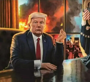 Painting: “Der Feuerteufel” (The Fire Devil”) - Trump sitting at his desk in the Oval Office holding a match, which in the window behind him, fires burn and riots take place outside.