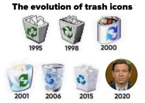 Graphic: “Trash” icons from windows of the years, with Florida Governor Ron DeSantis as the 2020 icon.