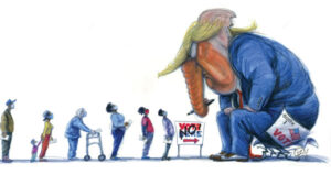 Illustration: Line of voters -- people of color, older people, and women -- facing a giant Trump-elephant hybrid creature blocking their access to a polling booth. (Illustration by Victor Juhasz for Rolling Stone.)