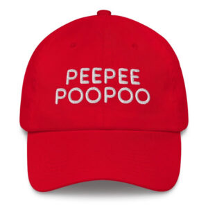 Photo: Red cap with the words “Peepee Poopoo” embroidered on it.