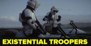 Photo: Still from “Existential Troopers” — The speeder bike troopers from “The Mandalorian”, in the scene where one of them punches Baby Yoda