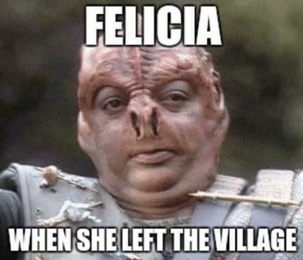 Meme: Dathon (Tamarian captain from the Star Trek TNG episode “Darmok”) with the caption “Felicia, when she left the village.”
