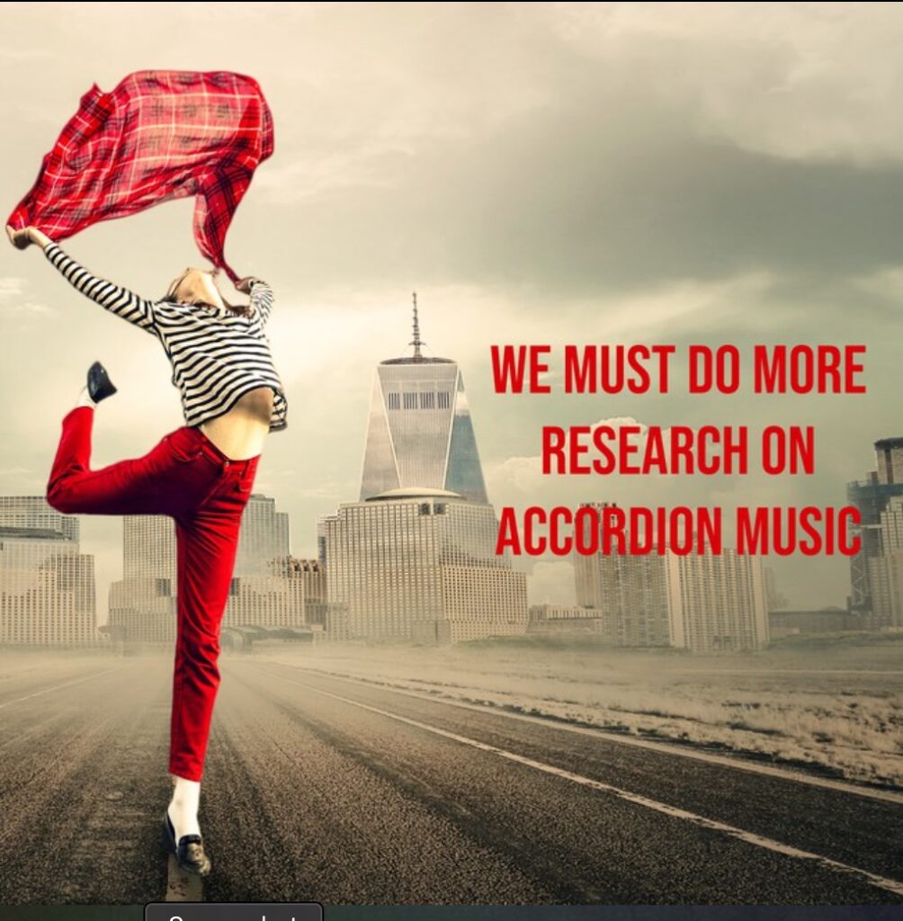 Photo: “We must do more research on accordion music” — featuring woman in red dancing in the street