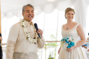 Joey deVilla and Anitra Pavka welcome the guests to their wedding reception.