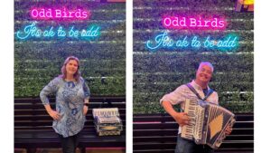 Photos of Anitra and Joey posing in front of a neone sign that reads “Odd Birds / It’s ok to be odd”.