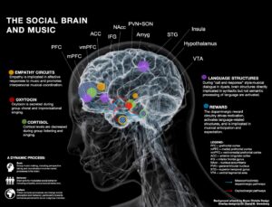 Infographic: The Social brain and Music, showing the mental health benefits of playing and listening to music