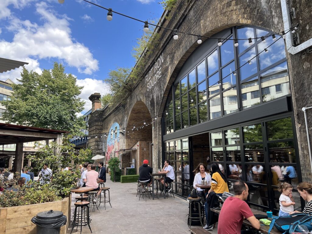 The scene at Flat Iron Square, Southwark, London.