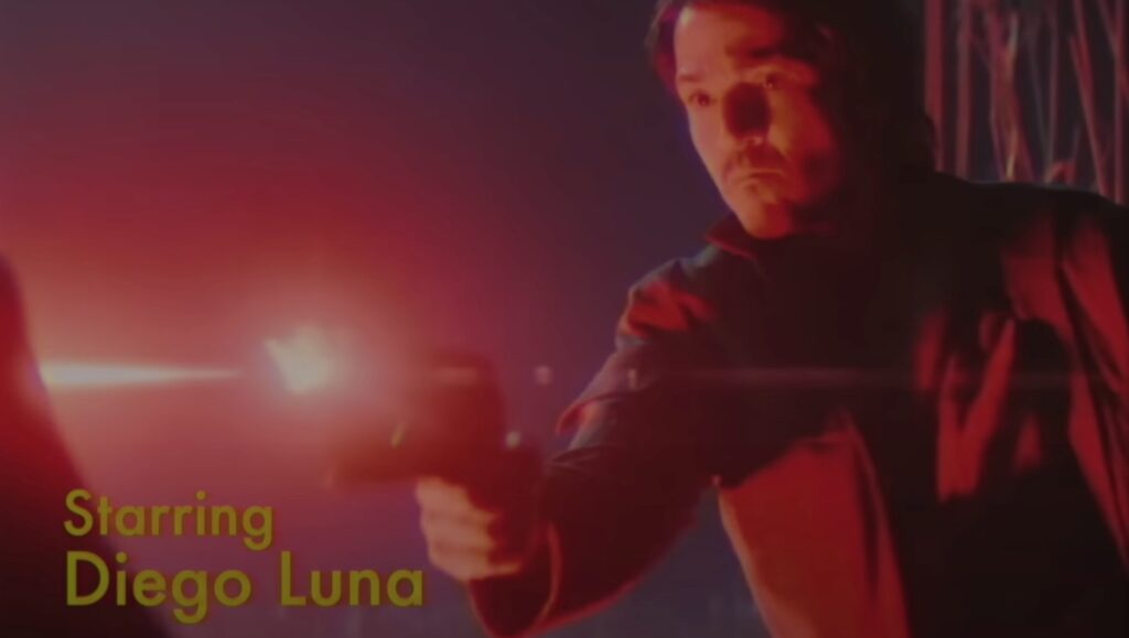 “Starring Diego Luna” title card, with a suitably downscaled image of Andor shooting a laser pistol.