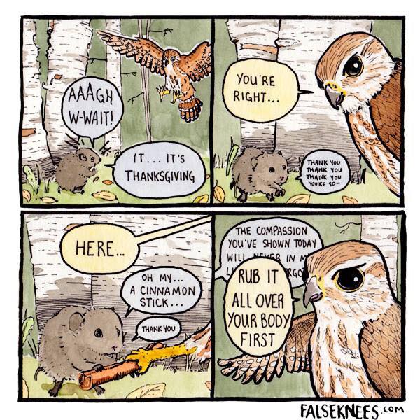 Comic: Owl descends on mouse, who begs for its life: “It’s Thanksgiving!” The owl says “You’re right” and gives the mouse a cinnamon stick. The mouse proceeds to give an elaborate speech about compassion and the owl speaks over the mouse, saying “RUB IT ALL OVER YOUR BODY FIRST!”