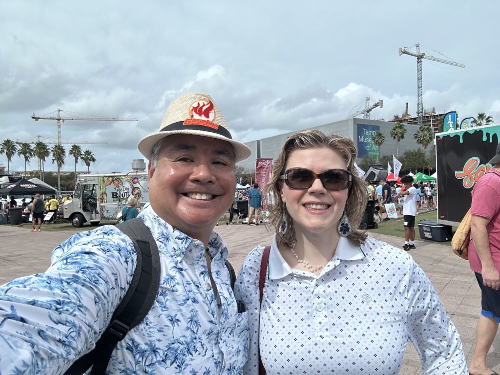 Joey deVilla and Anitra Pavka in summery dress clothes at Curtis Hixon Park in Tampa.