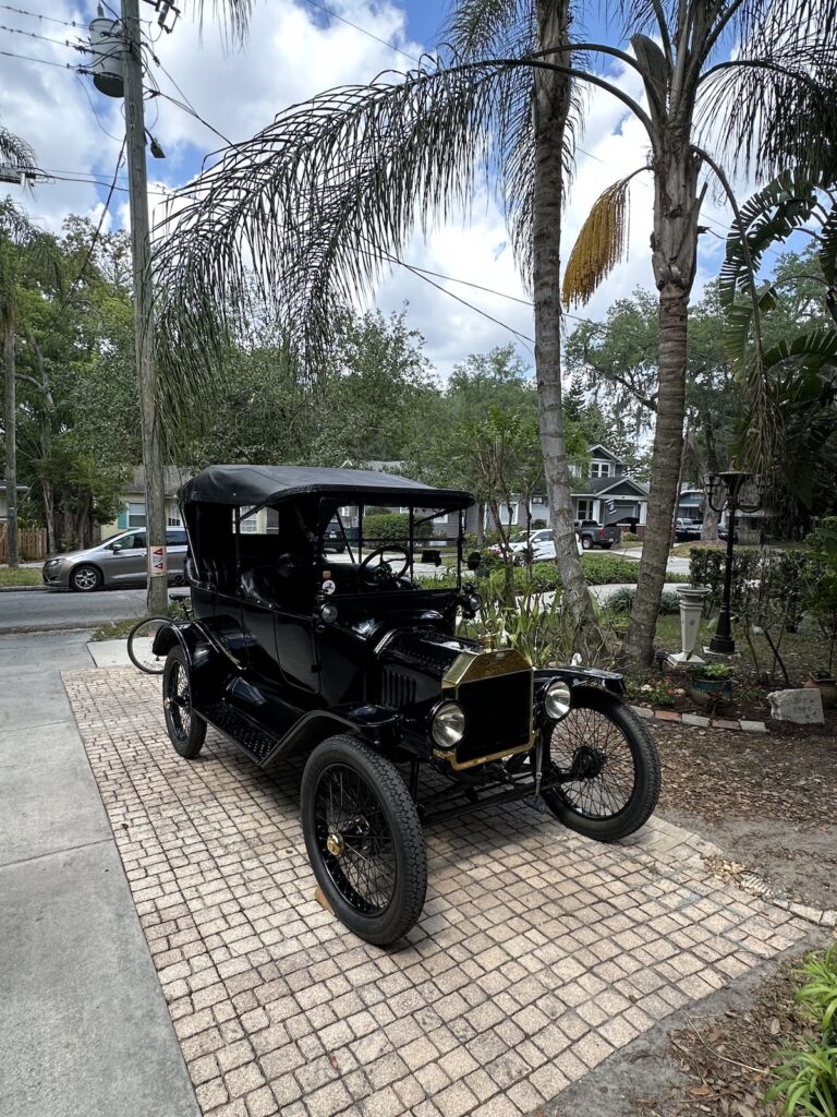 The 1916 Ford Model T, as seen from the front in Susan’s driveway.