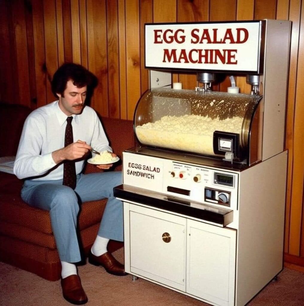 Man enjoying a plate of egg salad in a late 1960s/early 1970s office beside an egg salad machine.