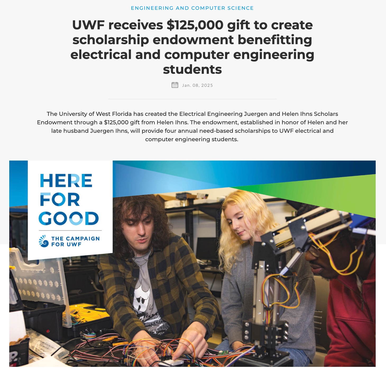 Screenshot of University of West Florida article: “UWF receives $125,000 gift to create scholarship endowment benefitting electrical and computer engineering students,” The accompanying picture show a young white man, a young white woman, and a young black man working on an electronic project.